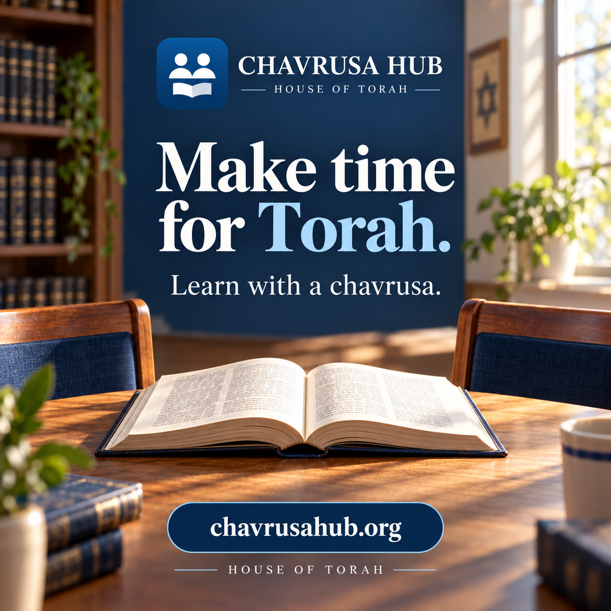 An open book and two chairs, inviting you to make time for Torah with a learning partner.